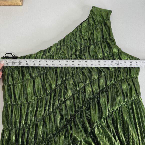 Akira Stay Radiant Metallic Maxi Womens 2X Green One Shoulder Pleated Gown Prom - Picture 9 of 14
